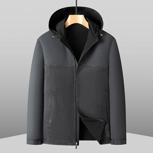【加绒双面】【DKP】大依优型大码加绒夹克男士双面穿外套连帽可脱卸帽秋冬休闲商务夹克保暖加肥加大码时尚立领拉链 商品图1