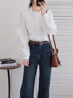 【繁花蕾丝衬衫】立体桔梗万针刺绣，法式千金风 100%新疆棉面料，细腻柔和！！灯笼袖环绕荷叶边的设计