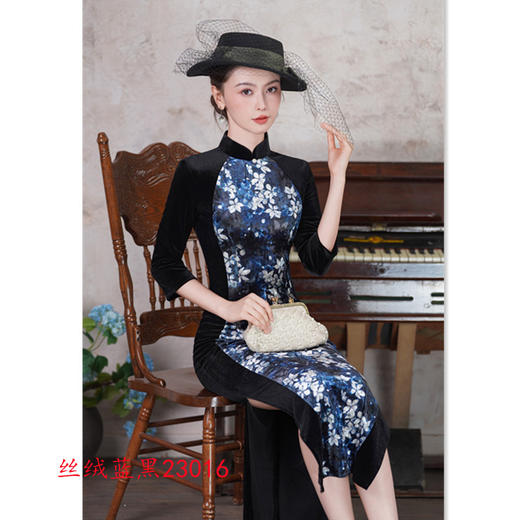 SKY 23016时尚拼接长款丝绒七分袖旗袍 商品图1