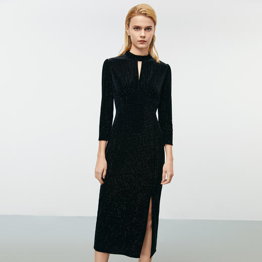 EITIE爱特爱水滴立领黑色修身显瘦礼服连衣裙冬季新款8077703 商品图3