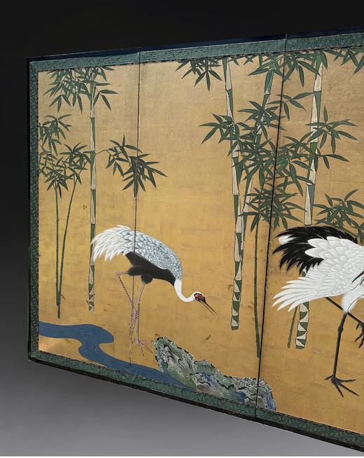 独角鹿西洋古董18世纪日本江户时期出品狩野派风格「竹樱鹤鸣」 主题金地纸本设色六曲屏风 商品图1
