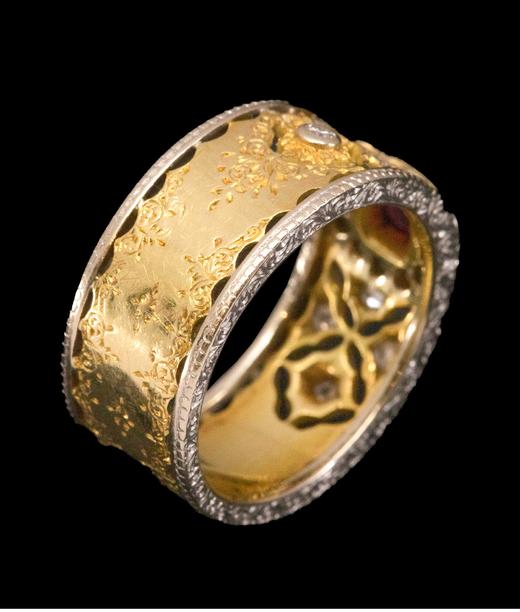 独角鹿西洋古董意大利顶级珠宝工坊布契拉提出品18K黄金及白金镂雕镶嵌钻石及红宝石戒指 商品图4