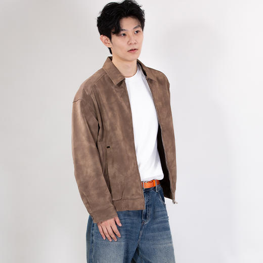 DRONKOO 2025 翻领前斜分割口袋金属扣下摆橡筋微阔中厚皮衣 商品图1