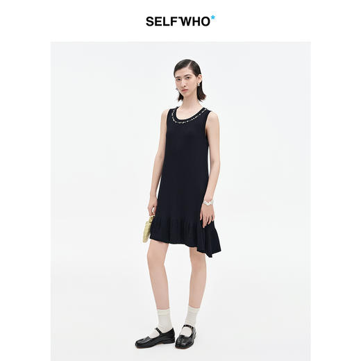 SELFWHO蓝色钉珠装饰背心连衣裙女2025夏季新款前高后低A摆鱼尾裙 商品图3