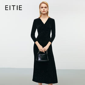 EITIE爱特爱复古V领轻奢显瘦高腰黑色礼服连衣裙冬季新款8077704