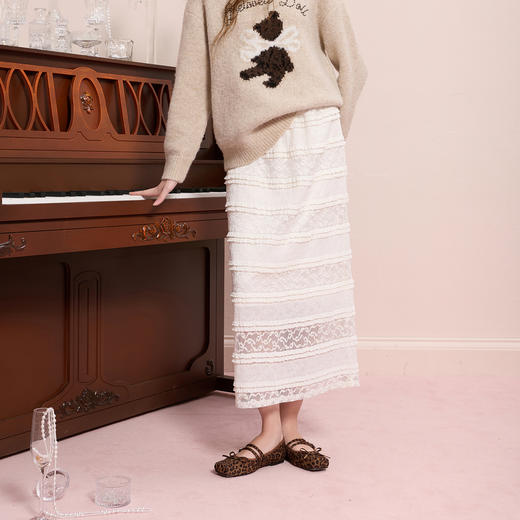 三彩2025冬季新款小白裙长裙半身裙高腰蕾丝蛋糕裙少女甜美M 商品图3