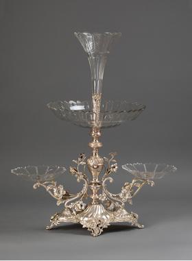 独角鹿西洋古董法国洛可可风格古典花叶主题镀银精雕装饰水晶托盘马蹄莲造型艺术摆件果盘