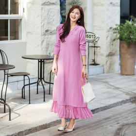 【林栖设计小店】（现货）【手工钩花】木槿粉听风系列绵羊毛连衣裙拼桑蚕丝2025秋冬新款毛织长裙1954061