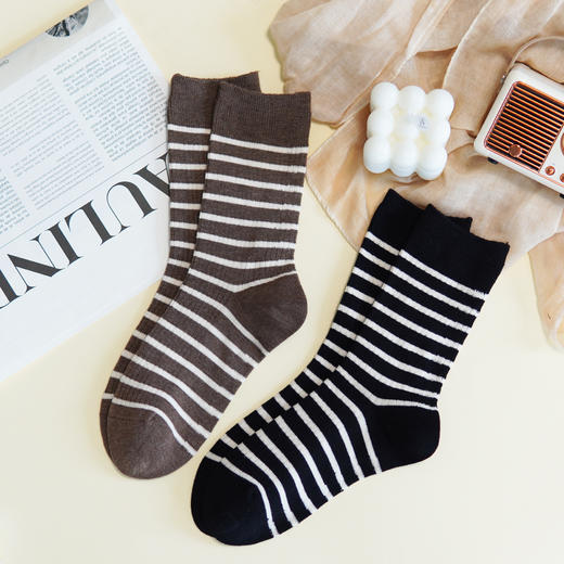 【6双装】女士秋冬厚袜子条纹时尚蚕丝羊毛袜保暖舒适女袜中长筒【2522810】 商品图0