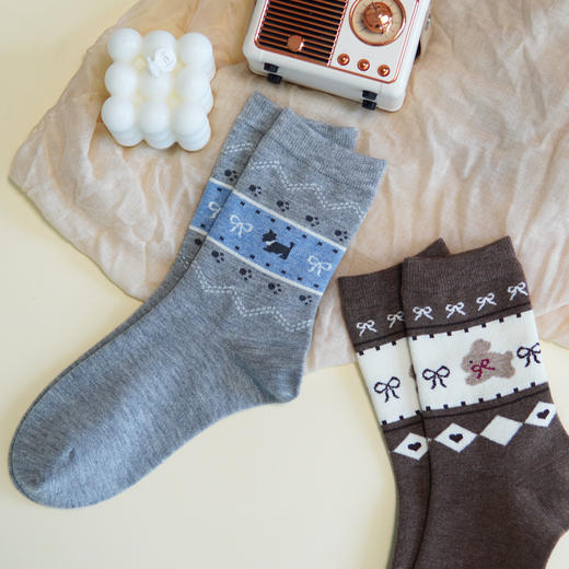 【6双6折】女士蚕丝羊毛袜子中长筒女袜秋冬厚袜时尚复古【2522811】 商品图1