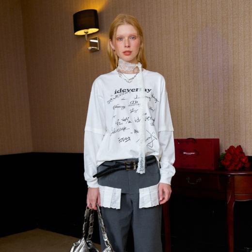 【明星同款】IDEVERRAY设计感字母印花长袖T恤男女同款早秋新品假两件圆领上衣 商品图3