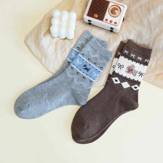 【6双6折】女士蚕丝羊毛袜子中长筒女袜秋冬厚袜时尚复古【2522811】 商品图0