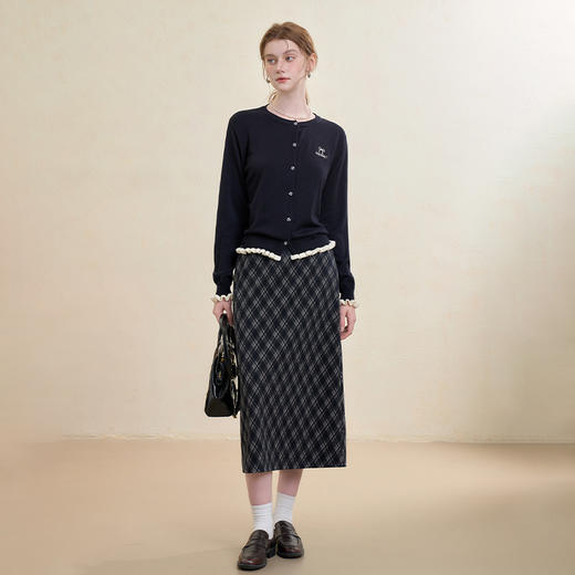 西遇字母刺绣圆领针织衫女2025秋季新款花边下摆假两件休闲开衫H0055175 商品图1