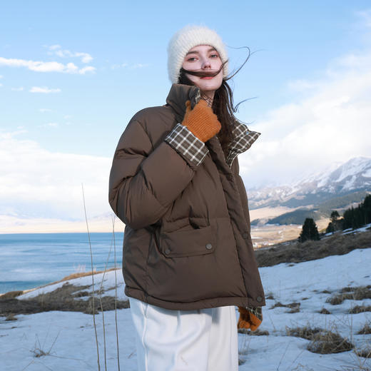 三彩2025冬季新款格纹拼接立领羽绒服90白鸭绒面包服短款M 商品图1