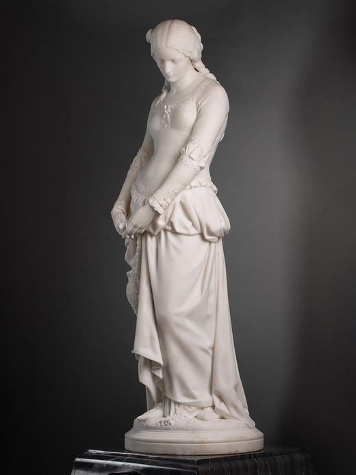 独角鹿西洋古董1870年代法国雕塑家Emile BOISSEAU签名创作大理石底座嵌梅菲斯特头像青铜精雕装饰人物主题卡拉拉大理石雕塑作品《玛格丽特》 商品图3