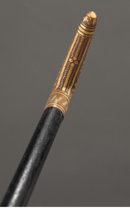 独角鹿西洋古董 1880-1910年代西班牙出品卷叶花卉纹主题托莱多钢镶嵌黄金杖柄装饰硬木杖身古董手杖 商品图3
