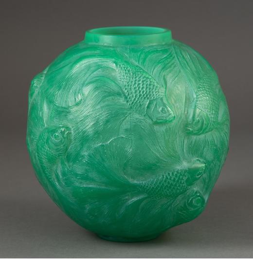 【已售】独角鹿西洋古董 法国顶级水晶工坊莱俪LALIQUE设计出品「Formose 锦鲤」主题绿色欧泊水晶花瓶摆件 商品图1