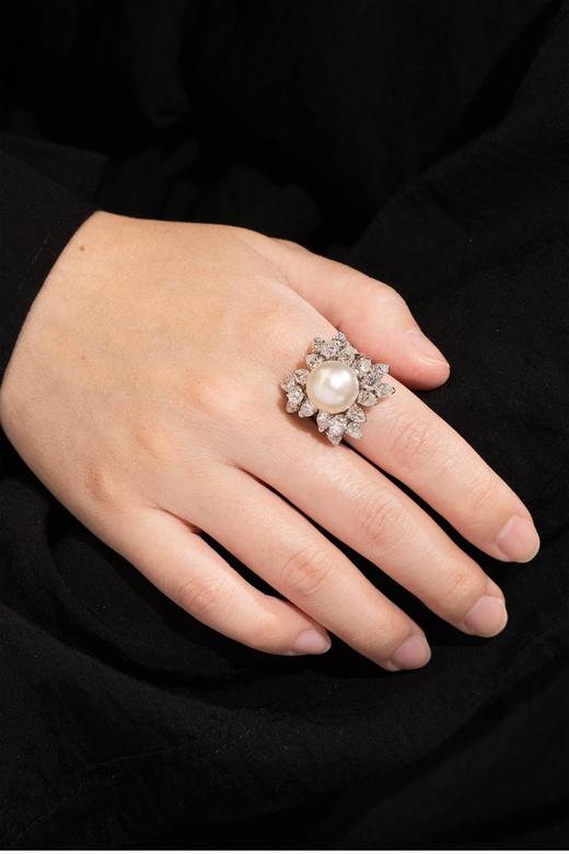 独角鹿西洋古董法国出品花卉造型白金镶嵌钻石及珍珠古董戒指 商品图0