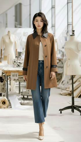 HN 撞色小翻领后搭片大包中长外套