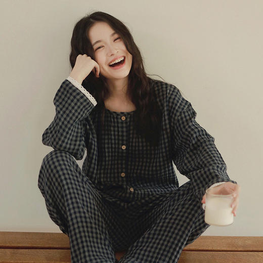 2025秋新款！纯棉双层纱布长袖格纹家居服 松弛有度全棉睡衣套装 女春秋季 商品图3