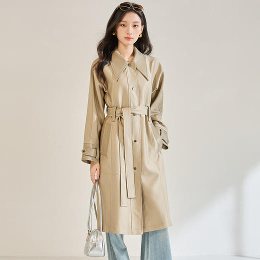 「高货sh」全新升级【铂金会员468/天猫629/差价161】(70633)洛诗琳新款高级感斜纹皮革风衣2025秋季简约长款收腰外套 商品图0