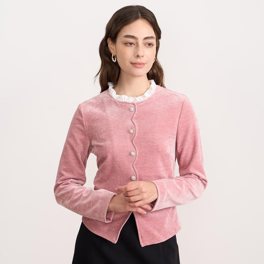 【粉色灯芯绒】EITIE爱特爱复古木耳花边领收腰2025秋冬新款衬衫D2513903 商品图2