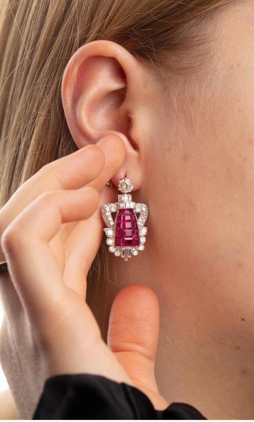 独角鹿西洋古董 英国出品装饰艺术风格铂金镶嵌红宝石及钻石耳坠一对 商品图1