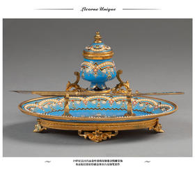 【已售】独角鹿西洋古董  法国出品卷叶滚珠纹铜鎏金精雕装饰布雷松珐琅彩绘描金墨水台及钢笔套件