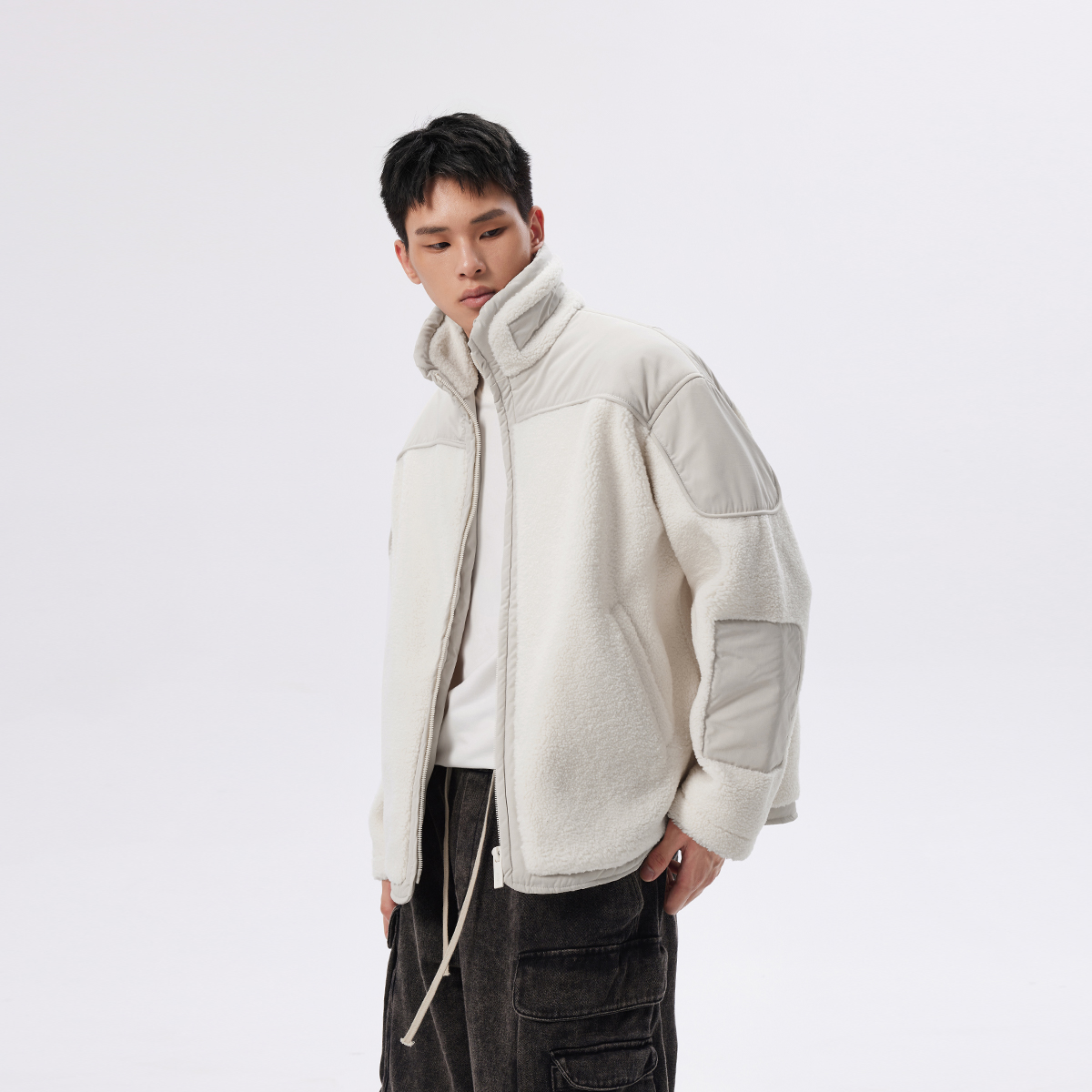 CHINISM赤尘 立领仿羊羔毛棉服男冬季新款拼接夹克男士夹棉外套