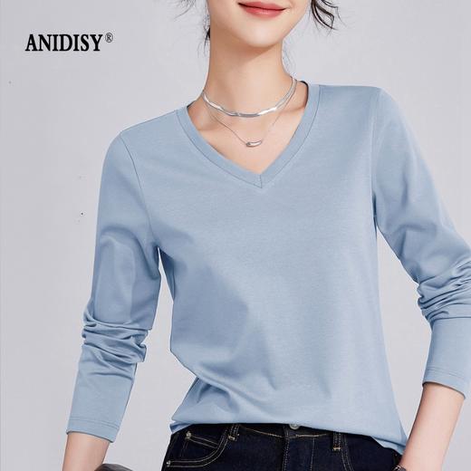 80支丝光棉V领长袖修身套头T恤 商品图0