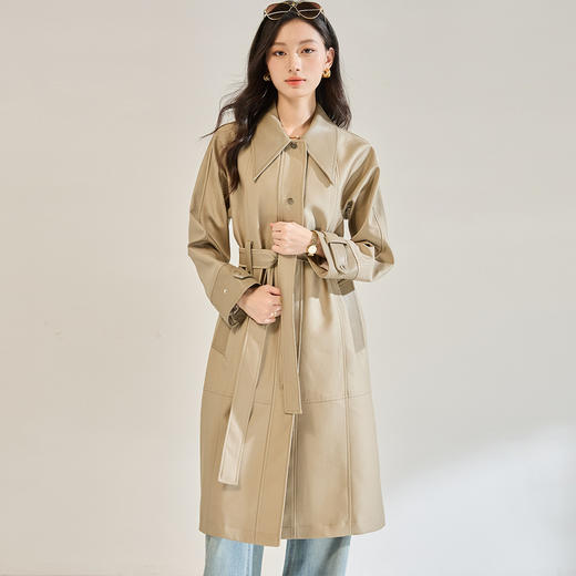 「高货sh」全新升级【铂金会员468/天猫629/差价161】(70633)洛诗琳新款高级感斜纹皮革风衣2025秋季简约长款收腰外套 商品图1