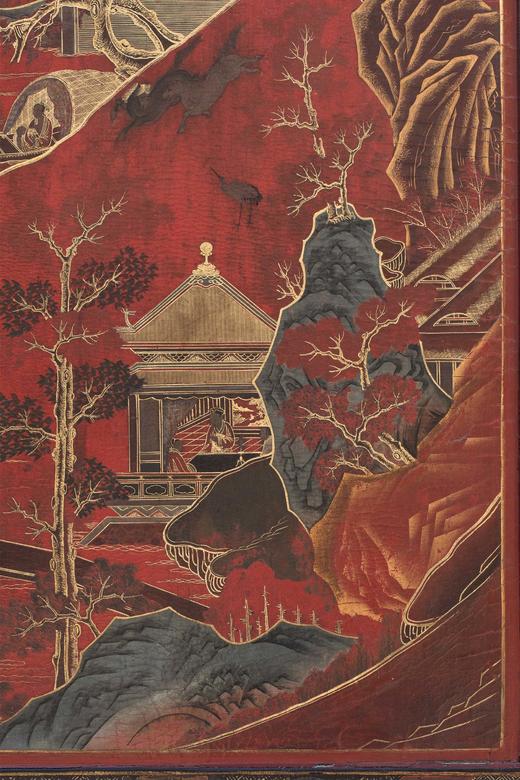 独角鹿西洋古董 19世纪中国出品山水亭台主题描金装饰红漆地款彩双面六曲屏风 商品图5