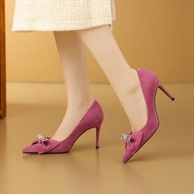 【预售7天】法式水钻蝴蝶结磨砂皮高跟鞋女春秋新款尖头细跟气质时装浅口单鞋CX&B0811