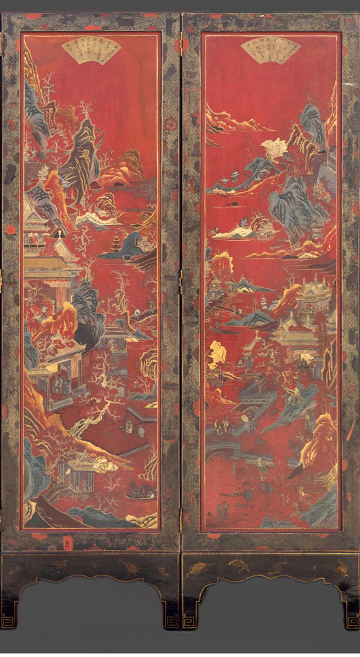 独角鹿西洋古董 19世纪中国出品山水亭台主题描金装饰红漆地款彩双面六曲屏风 商品图2