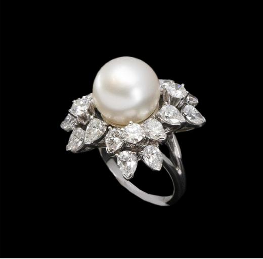 独角鹿西洋古董法国出品花卉造型白金镶嵌钻石及珍珠古董戒指 商品图3