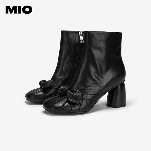 【云粉节】BF楼MIO米奥2025冬季新款时装靴圆头高跟短筒靴粗跟黑色增高真皮靴子M255603002吊牌价1898活动价1708 商品图1