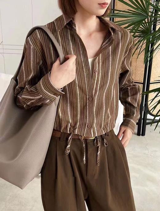 【秋新品】古泥/青孜品牌9818短款条纹可抽绳长袖衬衫-喜出 商品图0