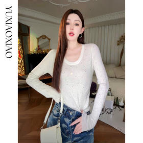 时尚百搭【星月童话】巴素兰绵羊毛混纺烫钻大圆领针织打底衫秋冬