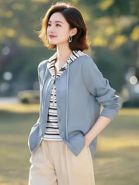 NP-时尚妈妈装假两件连帽条纹卫衣女士2025春秋新款休闲纯色开衫上衣