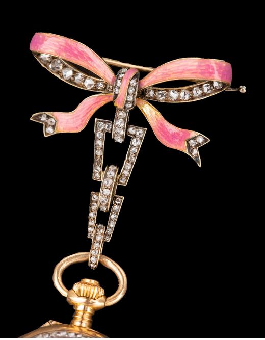 独角鹿西洋古董 19世纪末20世纪初瑞士H. Moser & Cie工坊出品蝴蝶结造型14K黄金镶嵌钻石及粉色珐琅胸针怀表 商品图2