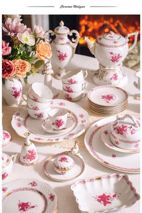 【已售】独角鹿西洋古董 20世纪匈牙利瓷窑出品Apponyi Rosa 玫粉花叶系列主题手绘描金装饰六人下午茶瓷器套件