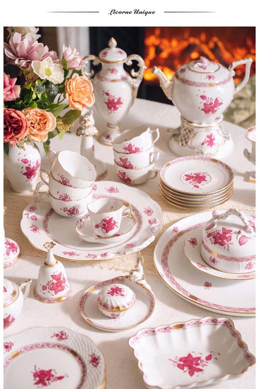 【已售】独角鹿西洋古董 20世纪匈牙利瓷窑出品Apponyi Rosa 玫粉花叶系列主题手绘描金装饰六人下午茶瓷器套件 商品图0