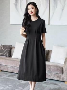 中秋大力度清仓~（不支持退）X7608 古泥/亦文压皱32%天丝小黑裙压皱气质宽边连衣裙-喜出