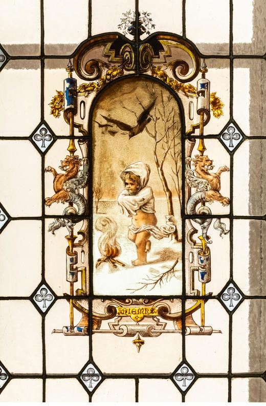 独角鹿西洋古董 1886年法国玻璃艺术大师C. Pizzagalli签名创作出品四季天使主题彩绘玻璃花窗一组 商品图5