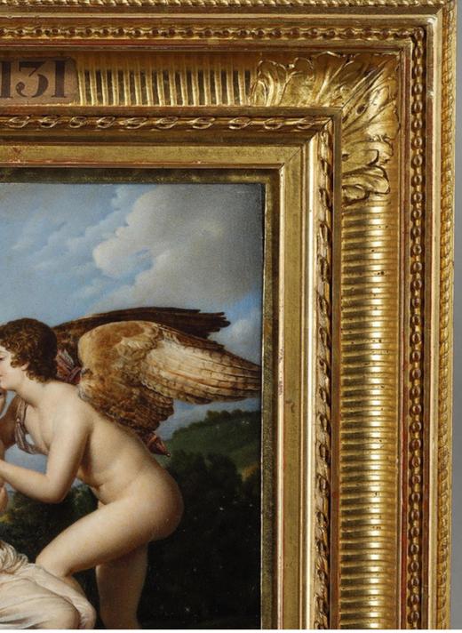 独角鹿西洋古董 1859年代法国出品鎏金灰墁木框装饰画家J. Barret du Coudert签名创作细密画作品《普赛克和丘比特》 商品图2