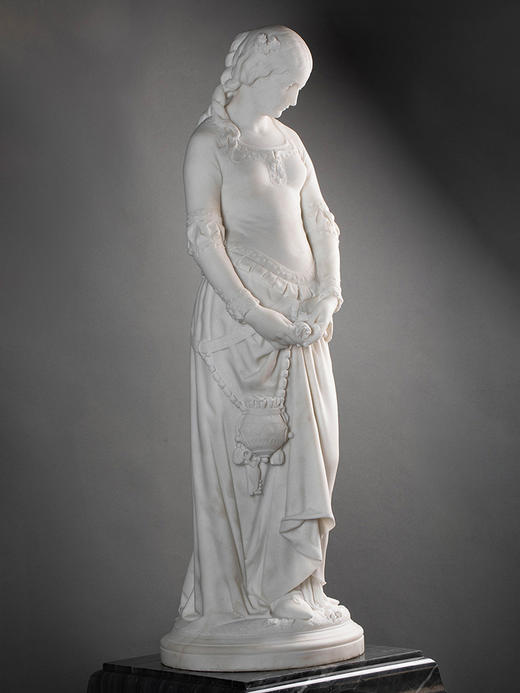 独角鹿西洋古董1870年代法国雕塑家Emile BOISSEAU签名创作大理石底座嵌梅菲斯特头像青铜精雕装饰人物主题卡拉拉大理石雕塑作品《玛格丽特》 商品图4