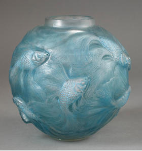 【已售】独角鹿西洋古董 法国顶级水晶工坊莱俪LALIQUE设计出品「Formose 锦鲤」主题蓝色欧泊水晶花瓶