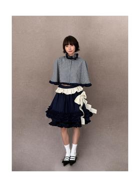 Kaiy Xiao 魔法系列 褶皱立领荷叶褶格纹斗篷（蝴蝶结可拆卸）