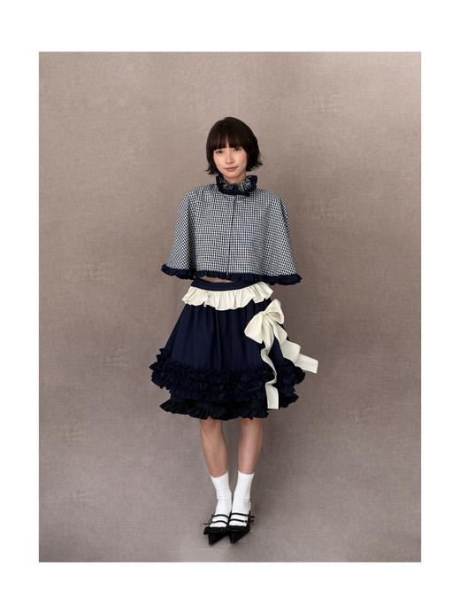 Kaiy Xiao 魔法系列 褶皱立领荷叶褶格纹斗篷（蝴蝶结可拆卸） 商品图0