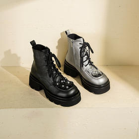 Westory2025年冬季方头厚底系带装饰侧拉链马丁靴休闲减龄甜酷短靴W25DS85211